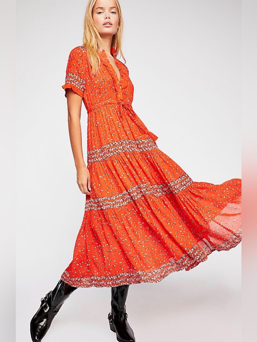 Free People Orange Floral Tiered Midi Dress